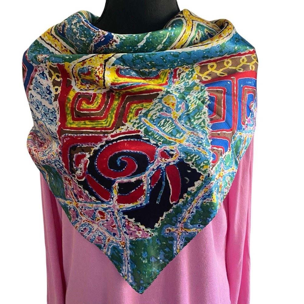 Silk Scarf Multicolor Ethnic Square 34x34" Boho  Vibrant